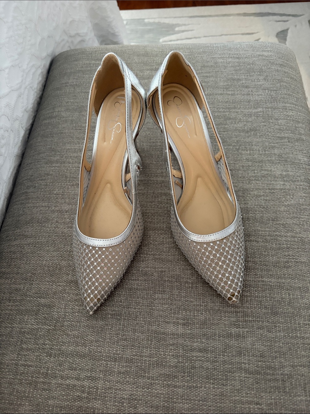 Pointed Mesh Slingback Heels in Silver - Women